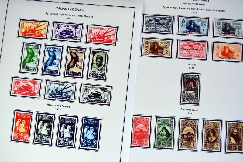 COLOR PRINTED ITALIAN COLONIES 1932-1934 STAMP ALBUM PAGES (8 illustrated pages)