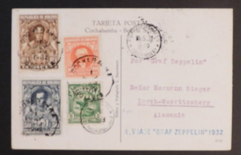 1932 Cochabamba Bolivia Graf Zeppelin Postcard Cover to Lorch Germany LZ 127