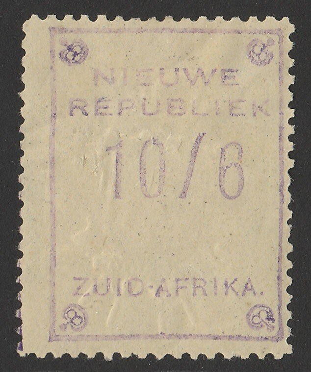 TRANSVAAL - NEW REPUBLIC 1887 10/6 Violet with embossed arms, on yellow paper.