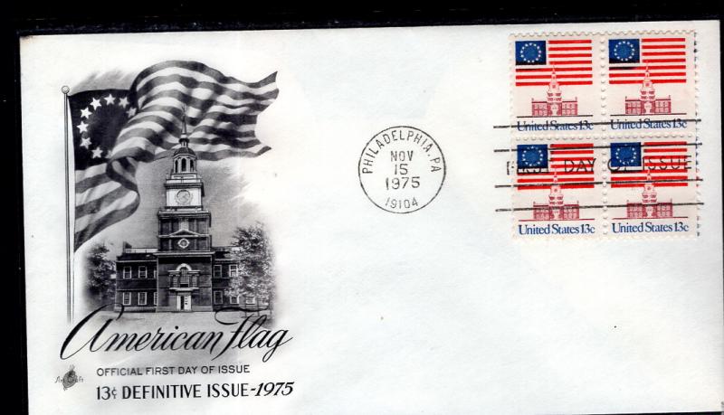 US 1622 Flag Over Independence Hall Block of Four Artcraft U/A FDC