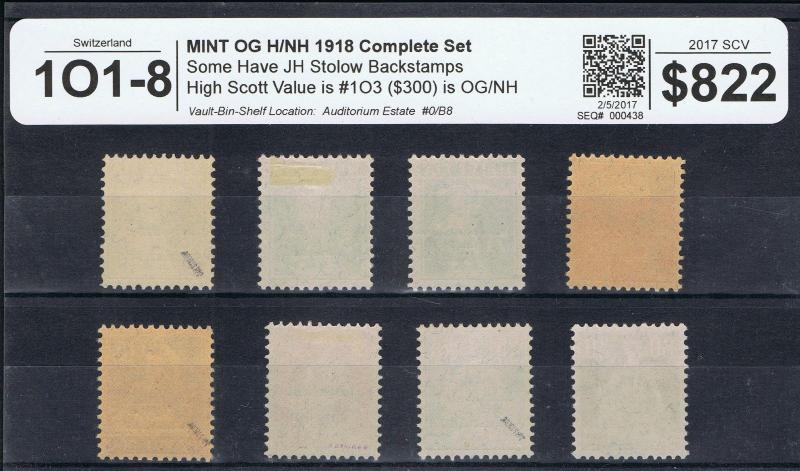 COMPLETE SET SWITZERLAND SCOTT #1O1 - 1O8 MINT OG H/NH SCV $822 DEALER CLOSEOUT