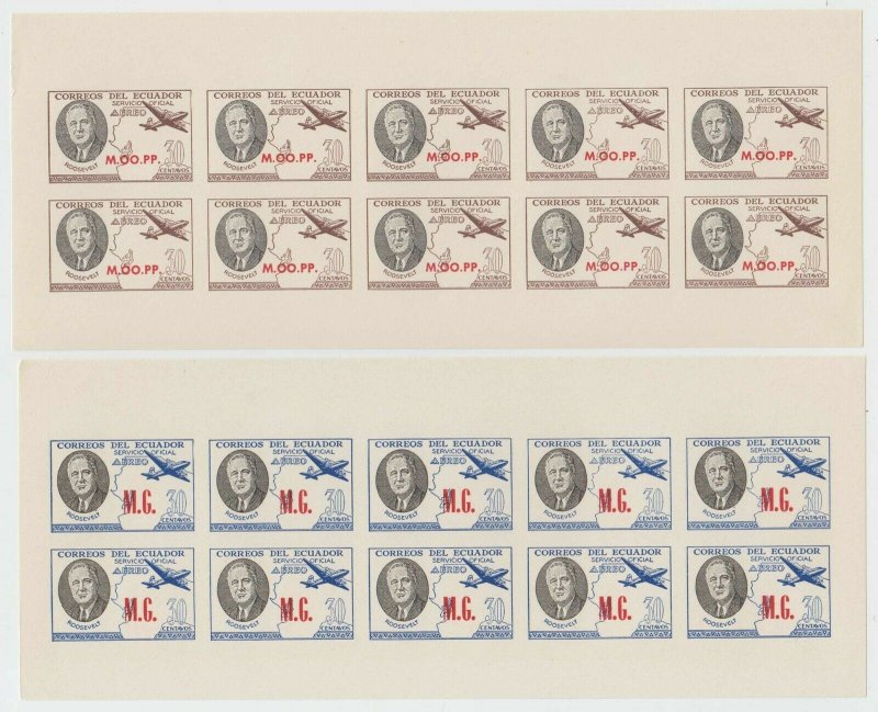 ECUADOR 1949 ROOSEVELT ORDNRY & AIR OFFICIAL Brt O240-O257 SET 18 IMPERF SHEETS 