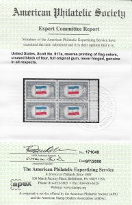 US 1943 Sc. 917a VF/XF NH block with reverse printing of flag colors. APS cert.