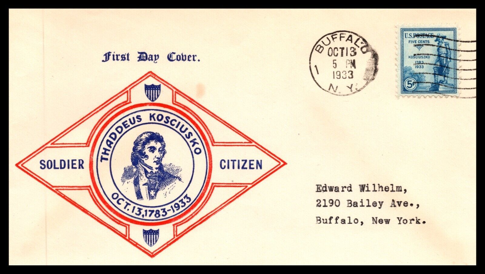 Scott 734 - 5 Cents Kosciuzko Cover Wagon FDC Buffalo Typed Addr Planty ...