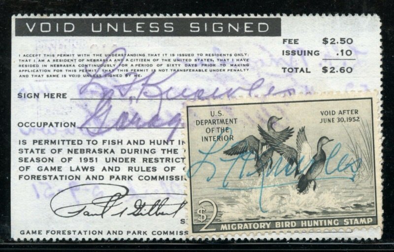 US Scott RW18 on Nebraska 1951 Hunting & Fishing License