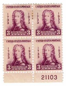 USA 1933 Sc 726 General Oglethorpe Plate Block of 4 Mint (#21103) 3c