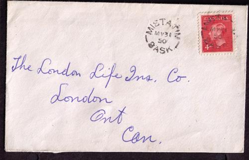 Canada #  287 Used on cover Mistatim MY31 50 Sask  pop 104