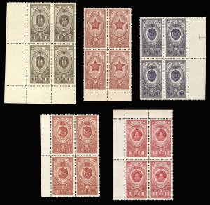 Russia #1650-1654, 1952-59 Medals, set of five in sheet margin blocks of four...