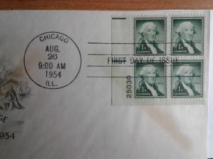 SCOTT # 1031B ONE CENT WASHINGTON PLATE BLOCK FIRST DAY OF ISSUE  1954