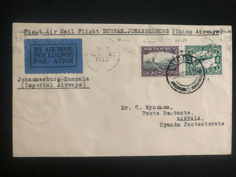 1933 Durban South Africa First Flight Airmail Cover to Kampala Uganda KUT