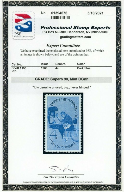 US Stamp #1155 Employ Handicapped 4c - PSE Cert - SUPERB 98 - MOGNH - SMQ $60.00 