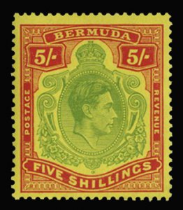 Bermuda #125var (SG 118g) Cat£60, 1938-53 George VI, 5sh green and scarlet, ...