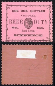 Victoria 1892 BEER DUTY 6d Black on Pink Wmk V over Crown M/Mint RARE