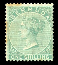 Bermuda #6 Cat$450, 1865 1sh green, hinge remnant, creased and toned