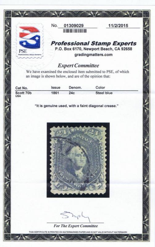 SCOTT# 70b USED 24 CENT WASHINGTON 1861 BEAUTIFUL WITH PSE CERT