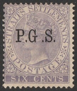 MALAYA - Perak 1889 'P.G.S' on QV Straits 6c, variety wide space. Certificate.