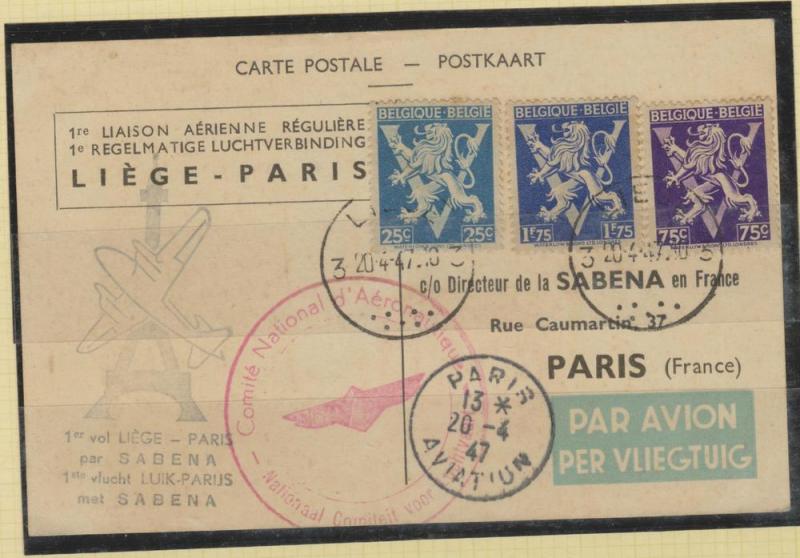 O) 1947 BELGIUM, CARTE POSTALE, BELGIUM LIEGE TO PARIS SABEN