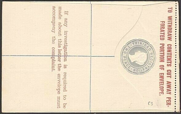 TRINIDAD QV 2d registered envelope fine unused..............................6115