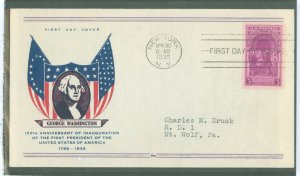 US 854 1939 3c Washington inauguration solo on an addressed (typed) FDC with a Fidelity cachet