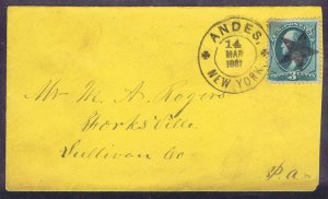 US 184 3c on cover bold 5 point star fancy cancel Andes NY 1881