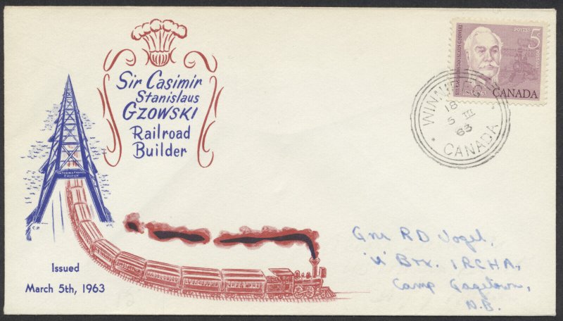 1963 #410 Casimir Gzowski FDC Train Cachet Winnipeg Orb Toning