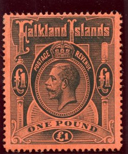 Falkland Islands 1914 KGV £1 black/red MLH. SG 69. Sc 40.