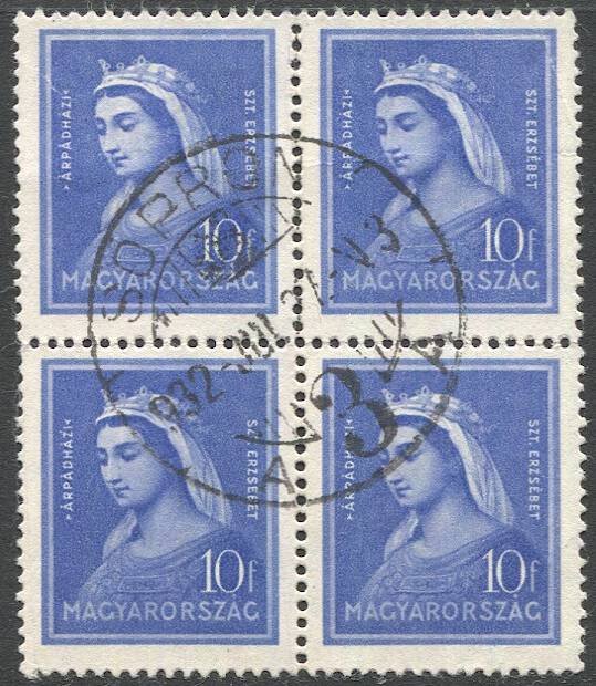 HUNGARY 1932 Sc 458, 10f  St Elizabeth, used block, F-VF, Sopron socked on nose