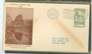 US 747 1934 8c Zion (part of the Natl Parks series) on an addressed (typed) FDC with a Grimsland cachet