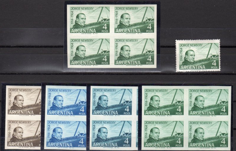 Argentina 1964 Sc#759 JORGE NEWBERY AVIATION Blocks of 4 Color Proofs + Original