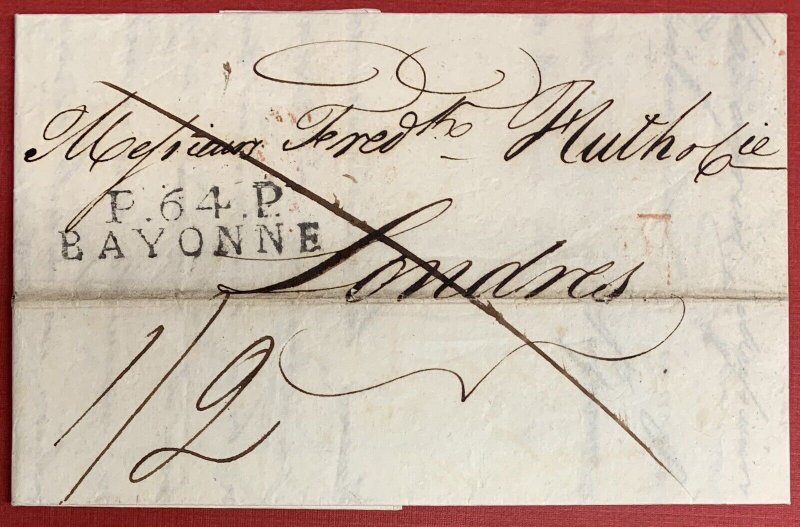 France, 1821 Stampless Cover/Folded Letter, sent from Bayonne to London