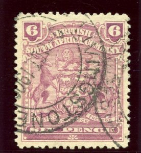 Rhodesia 1898 QV Arms 6d reddish mauve very fine used. SG 83a.