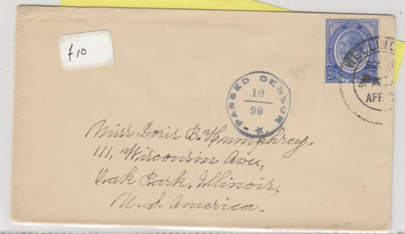 South Africa 1916 Censor Cover To Illinois Postal History  J6071