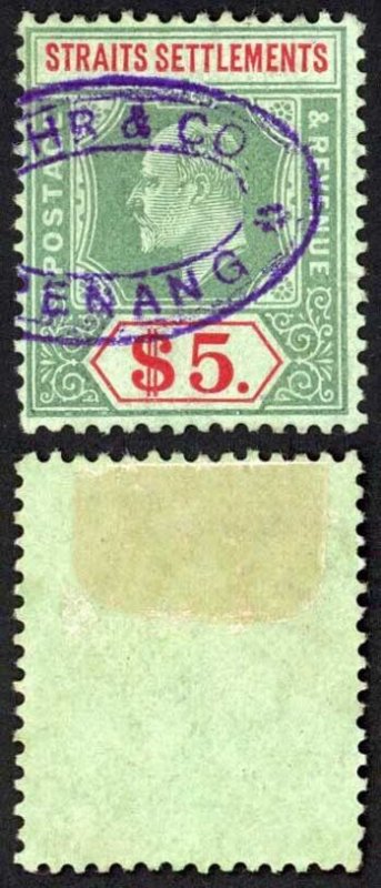 Straits Settlements SG167 5 Dollars Green and red/green SUPERB Revenue Cancel