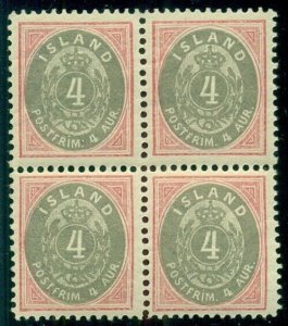 ICELAND #23 (22) 4aur rose & gray, Block of 4, og, NH, VF