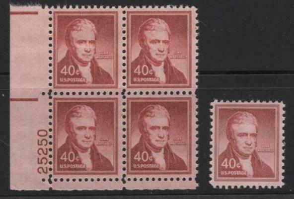 US # 1050 - Plate Block + Single 5 stamps total John Marshall MNH