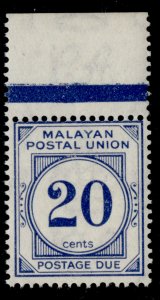 MALAYSIA - Malayan Postal Union GVI SG D13, 20c blue, NH MINT.