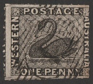 WESTERN AUSTRALIA 1854 Swan 1d black, rouletted about 12-13 on 4 sides.