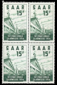 Saar #248 (Mi. 348) Cat€10.40, 1954 International Fair, block of four, neve...