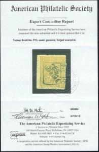GENUINE TURKEY SCOTT #P13 USED APS CERT GENUINE USED WITH A FORGED OVERPRINT