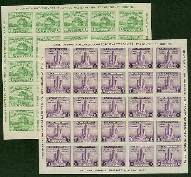 US #730-1 APS Souvenir Sheets of 25, no gum as issued, VF, Scott $42.50