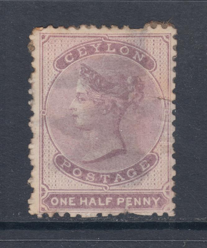 Ceylon SG 18 used 1864 ½p dull mauve Queen Victoria, spacefiller, pulled perf 