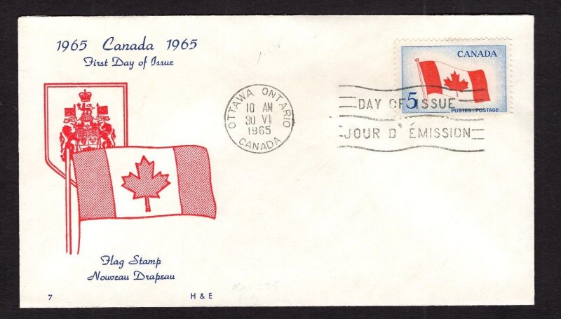 Canada #439  (1965 New Flag issue) H&E cachet FDC unaddressed
