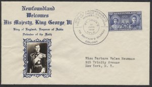 1939 Newfoundland #249 Royal Visit FDC Blue Crosby Photo Cachet