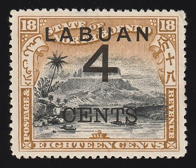 LABUAN 1899 Large '4 CENTS' on Mount Kinabalu 18c black & olive-bistre.