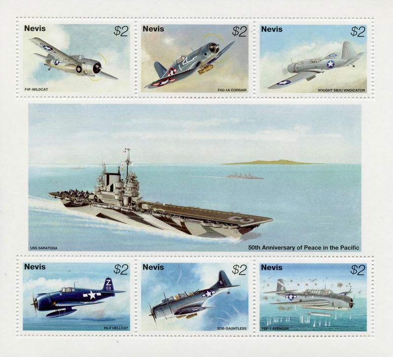 Nevis 1995 MNH WWII WW2 VJ Day 50th Anniv Peace Pacific 6v M/S Aviation Stamps