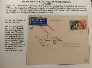 1939 Mombasa Kenya Early Airmail Cover To Albany NY Usa Via London