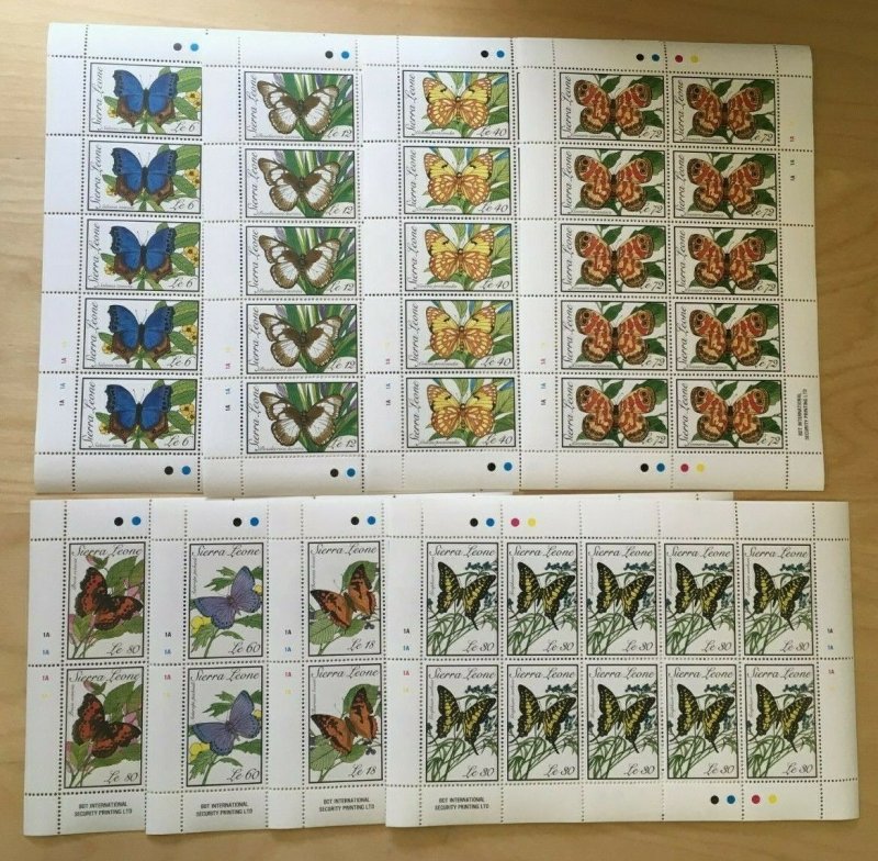 FULL SHEETS Sierra Leone 1989 1088-95 - Butterflies - Set of Sheets - MNH