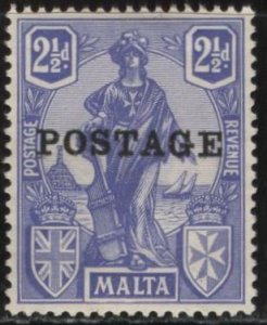 Malta 121 (mh) 2½p allegory of Malta, ultra, ovptd “POSTAGE” (1926)