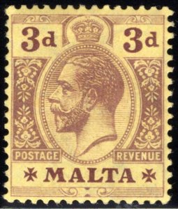 54 Malta, 3p, vio yel, MH, 1914-21, EF