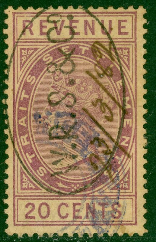 STRAITS SETTLEMENTS 1882 20c Purple QV Revenue Bft 22 VFU WRS & Co Cxl